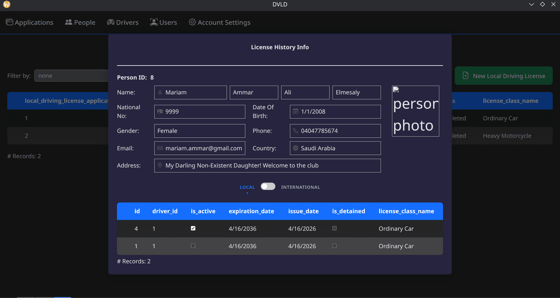 Screenshot of DVLD Desktop & API Platform